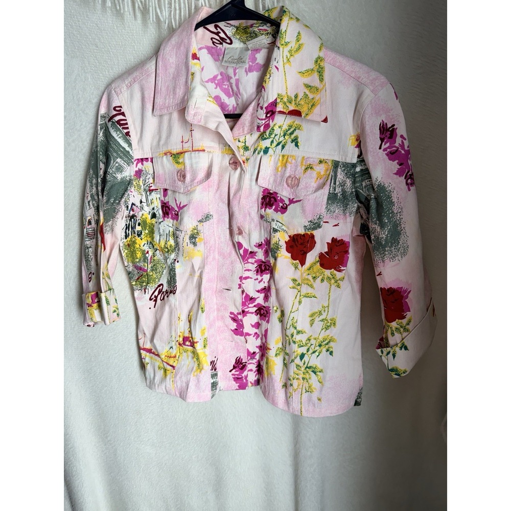 Fiorlini International Shirt Womens S Pink Paris Floral Button Up Sequin Top
